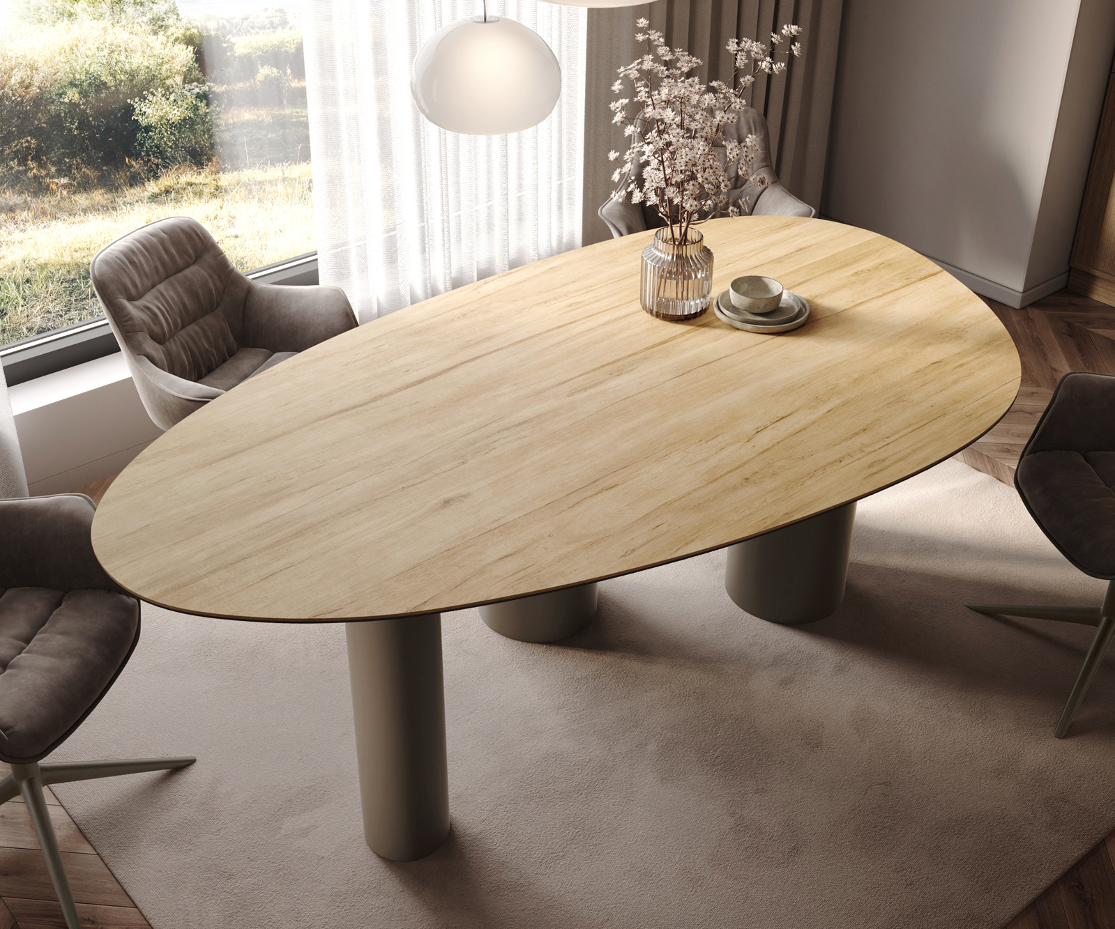 Jedálenský stôl Edge oválny 220x120 keramika Laminam® sabbia dubová podstava kov efekt titán - Image 4