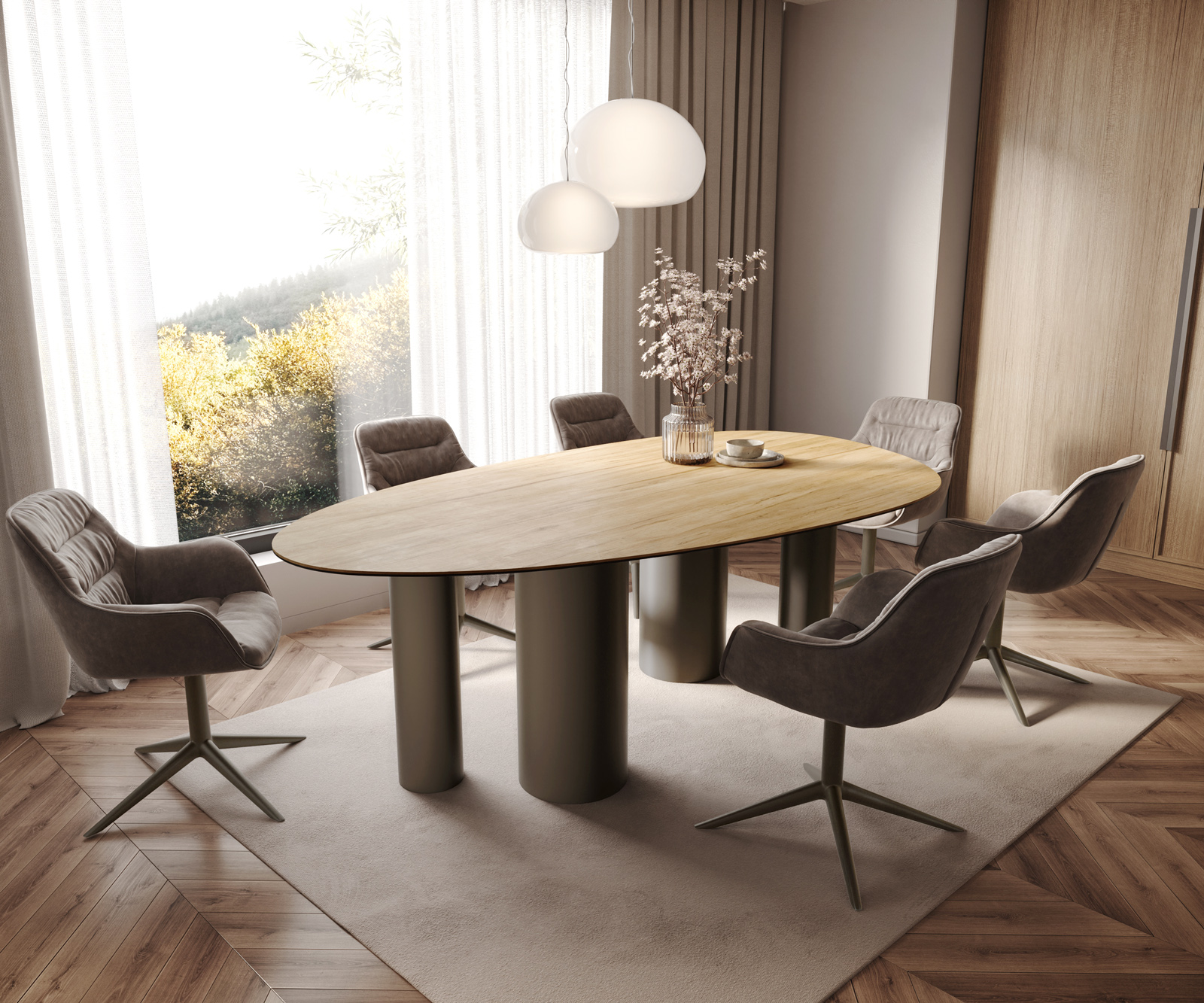 Jedálenský stôl Edge oválny 220x120 keramika Laminam® sabbia dubová podstava kov efekt titán - Image 7