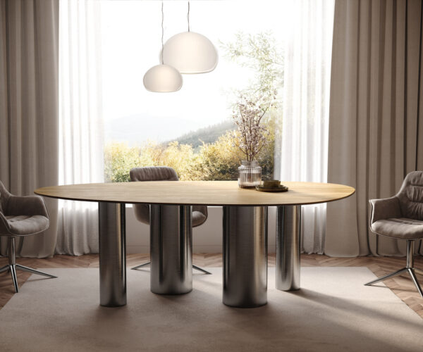 Jedálenský stôl Edge oválny 220x120 keramika Laminam® sabbia dubová farba pilier nerezová oceľ grafitová - Image 2