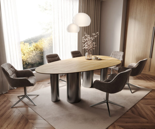 Jedálenský stôl Edge oválny 220x120 keramika Laminam® sabbia dubová farba pilier nerezová oceľ grafitová - Image 7