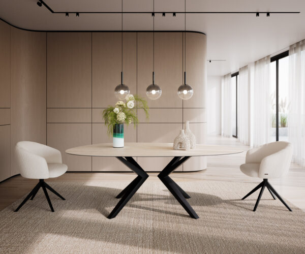 Jedálenský stôl Edge Oval 220x120 Keramický Laminam®Travertino Bianco krémovo-biely? Zenthara štvorcový kov čierny - Image 2