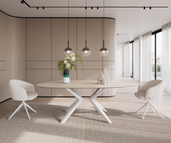 Oválny jedálenský stôl Edge 220x120 Keramický Laminam®Travertino Bianco krémovo-biely? Zenthara štvorcový kovový biely - Image 2