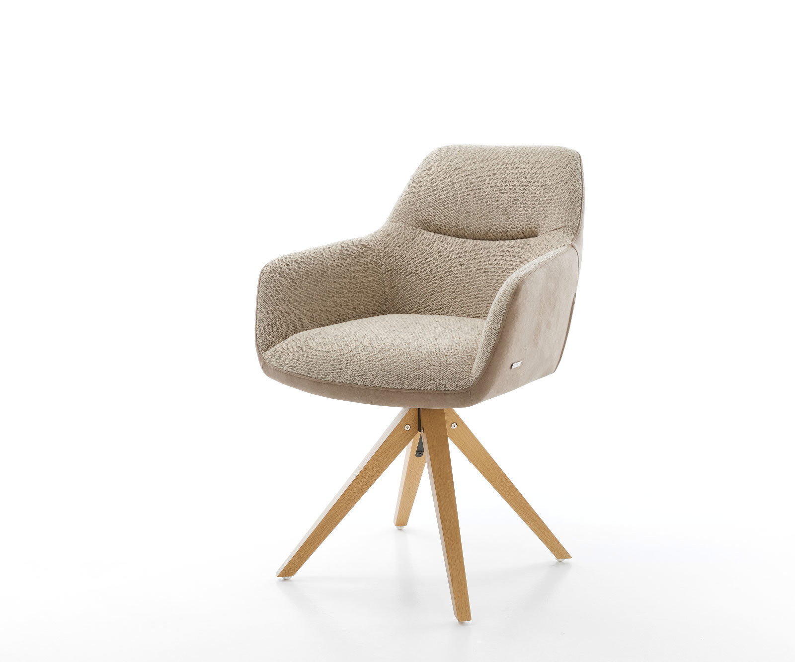 Otočná jedálenská stolička Pejo-Flex zmiešané materiály tmavobéžová drevená podstava hranatá biela otočná o 180° vrecková pružina