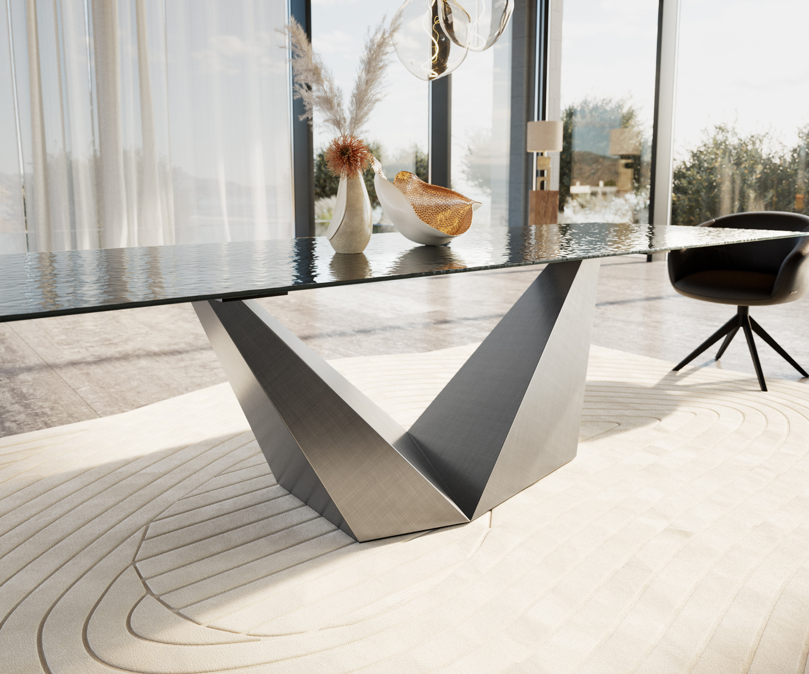 Jedálenský stôl Edge 300x100 reliéfne sklo dymovo čierna 3D dizajn Prisma metalická strieborná - Image 5