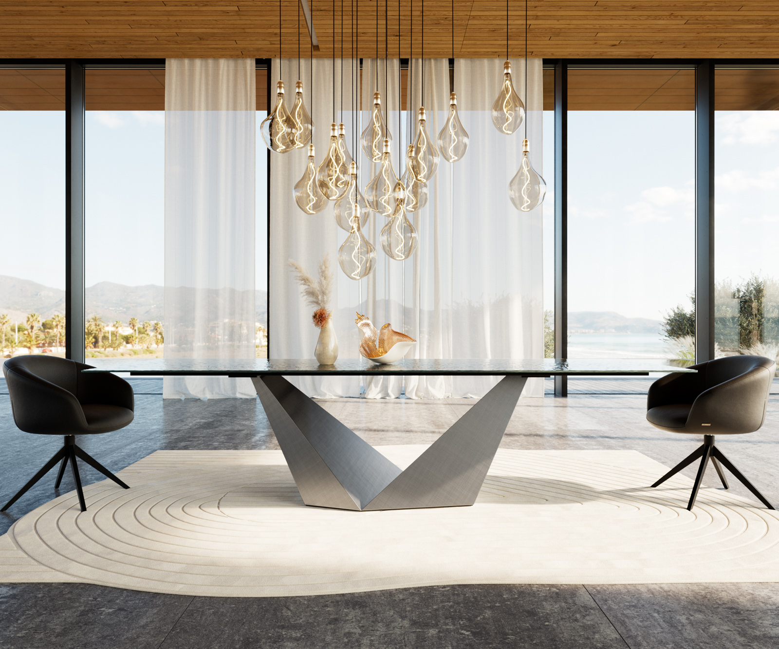 Jedálenský stôl Edge 300x100 reliéfne sklo dymovo čierna 3D dizajn Prisma metalická strieborná - Image 2