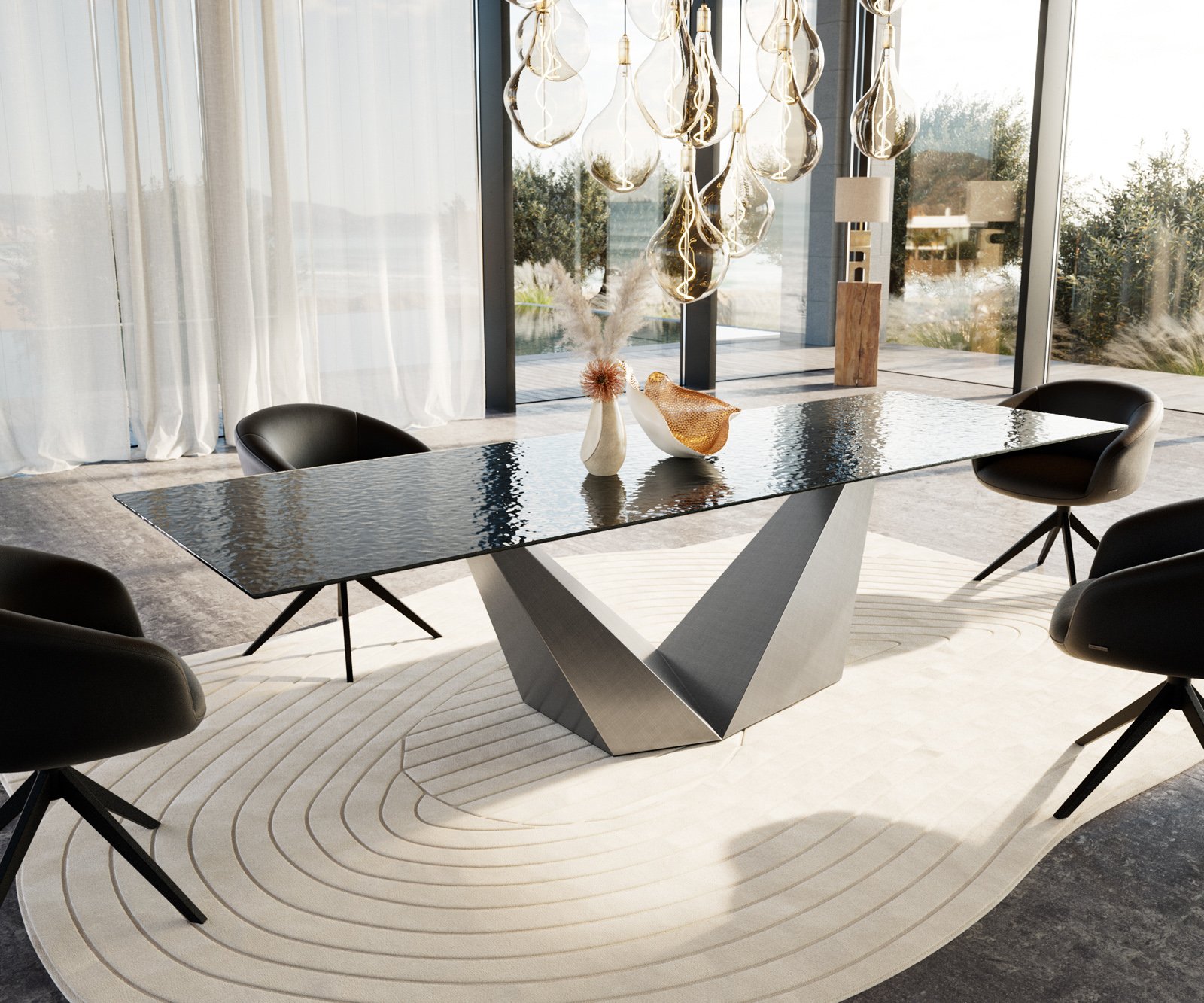 Jedálenský stôl Edge 300x100 reliéfne sklo dymovo čierna 3D dizajn Prisma metalická strieborná