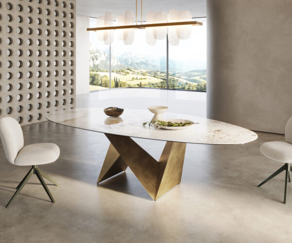 Jedálenský stôl Edge oválny 280x130 keramika Minas melange bielo-béžová Origami metalická zlatá - Image 4