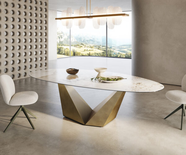 Jedálenský stôl Edge Oval 280x130 Keramika Minas Melange bielo-béžová Prisma Metallic Gold - Image 4