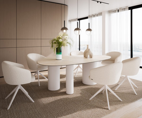 Hrana jedálenského stola oválna 220x120 Keramický Laminam® Travertino Bianco krémovo biely Troa Kov biely - Image 6