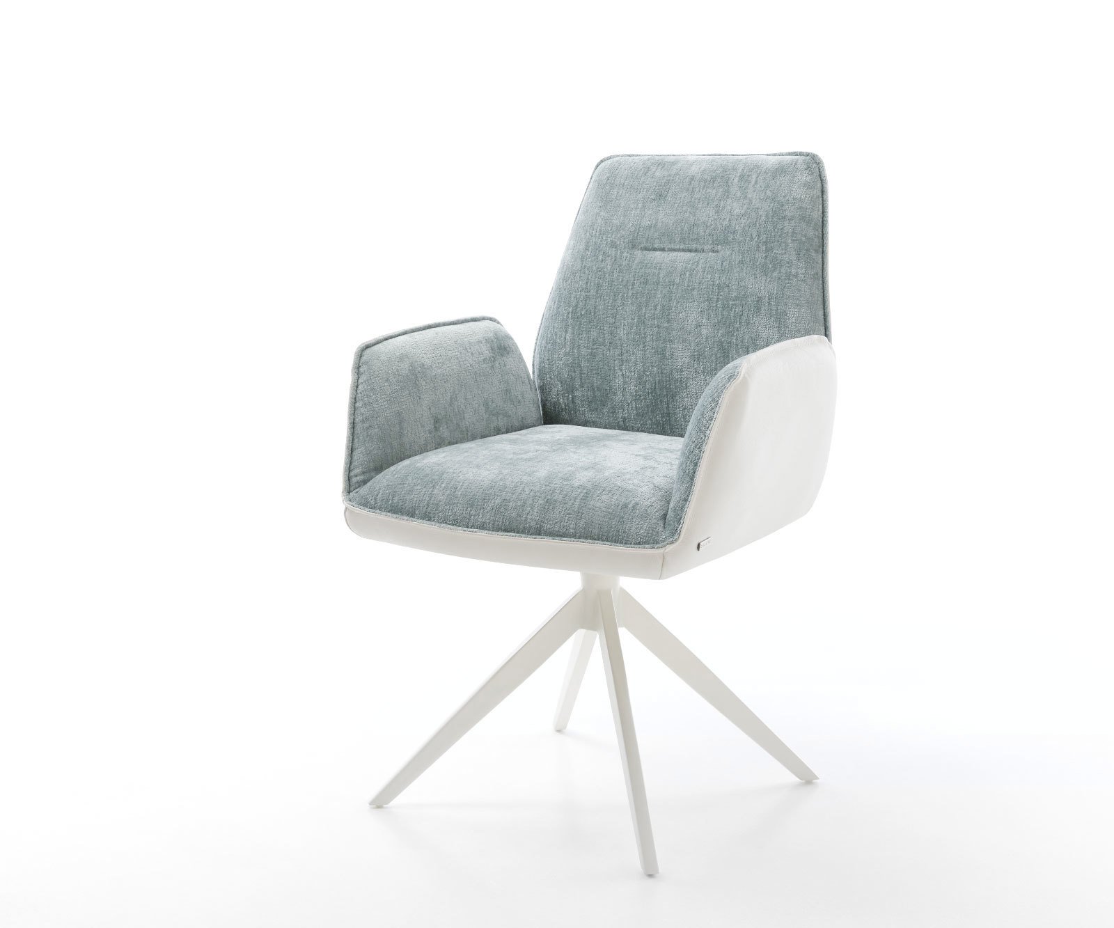 Otočná jedálenská stolička Zoa-Flex zmiešané materiály pravá koža bielo-pastelovo modrá krížová podstava široká biela 360° otočná hojdacia funkcia vrecková pružina