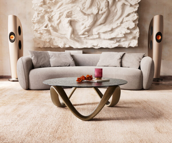 Konferenčný stolík Tanju 90x90 cm metalická zlatá s reliéfnym sklom taupe - Image 2