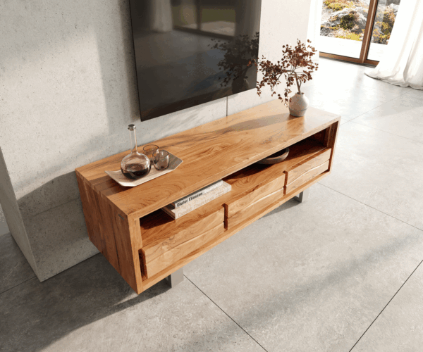 TV stolík Live Edge 146 cm akácia prírodná 3 zásuvky 1 priehradka - Image 4