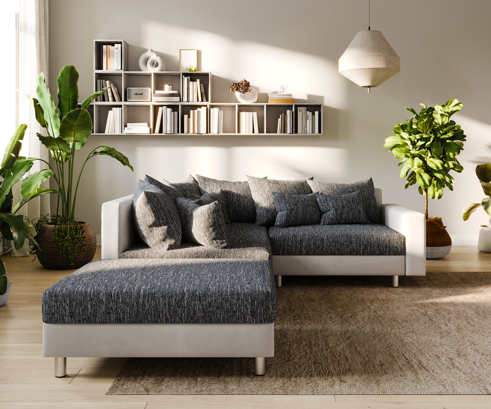 Rohová pohovka Clovis biela čierna modulárna opierka taburet ležadlo ľavá - Image 8