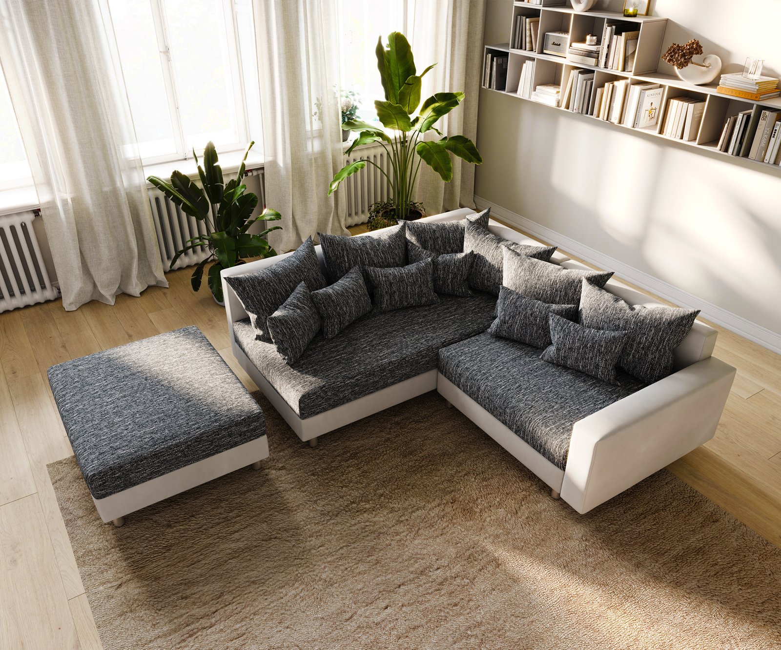 Rohová pohovka Clovis biela čierna modulárna opierka taburet ležadlo ľavá - Image 10