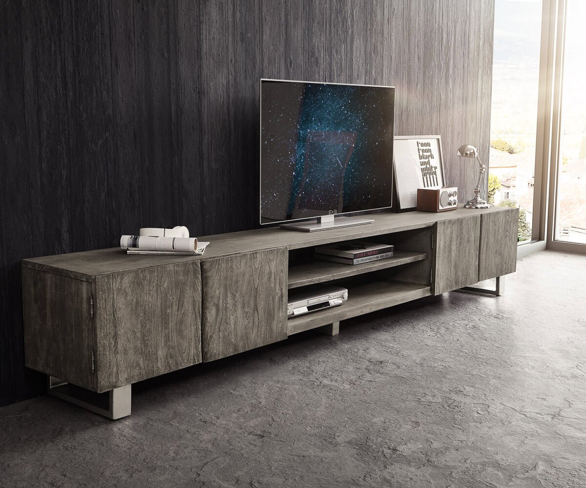 TV stolík Live-Edge 300 cm akácia platinová 4 dvierka 2 priehradky