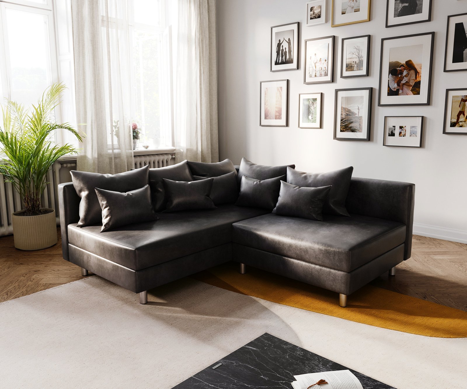 Rohová pohovka Clovis antracitová vintage vzhľad ležadlo ľavá modulárna pohovka