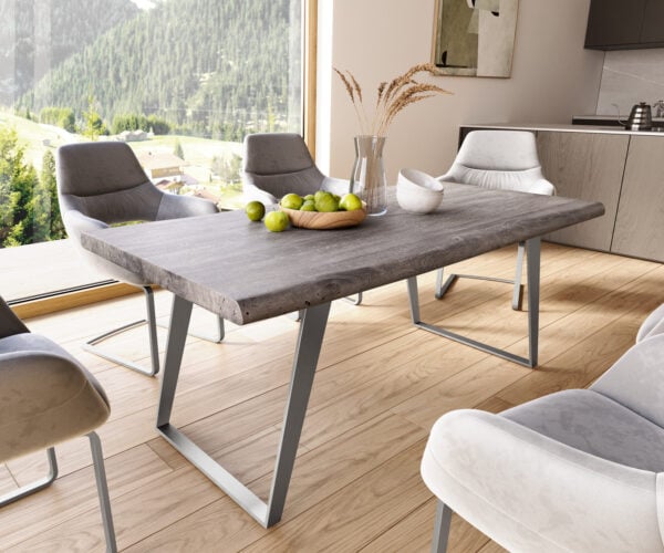 Jedálenský stôl Edge 180x90 XL akácia platinová nerezová oceľ skosený Live-Edge
