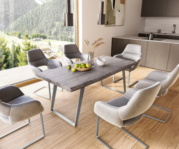 Jedálenský stôl Edge 180x90 XL akácia platinová nerezová oceľ skosený Live-Edge - Image 8