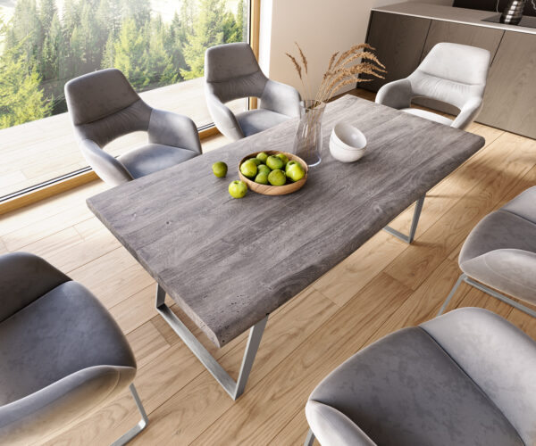 Jedálenský stôl Edge 180x90 XL akácia platinová nerezová oceľ skosený Live-Edge - Image 6
