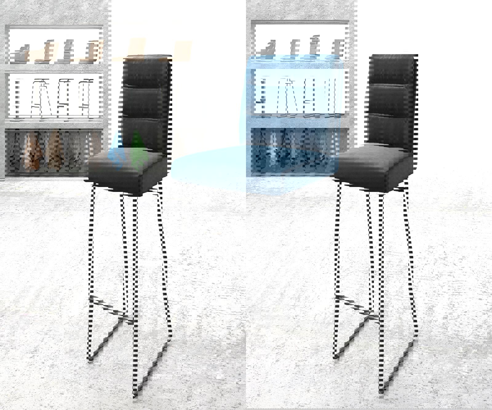 Barová stolička Pela-Flex zamat modrá kovová tenká podstava