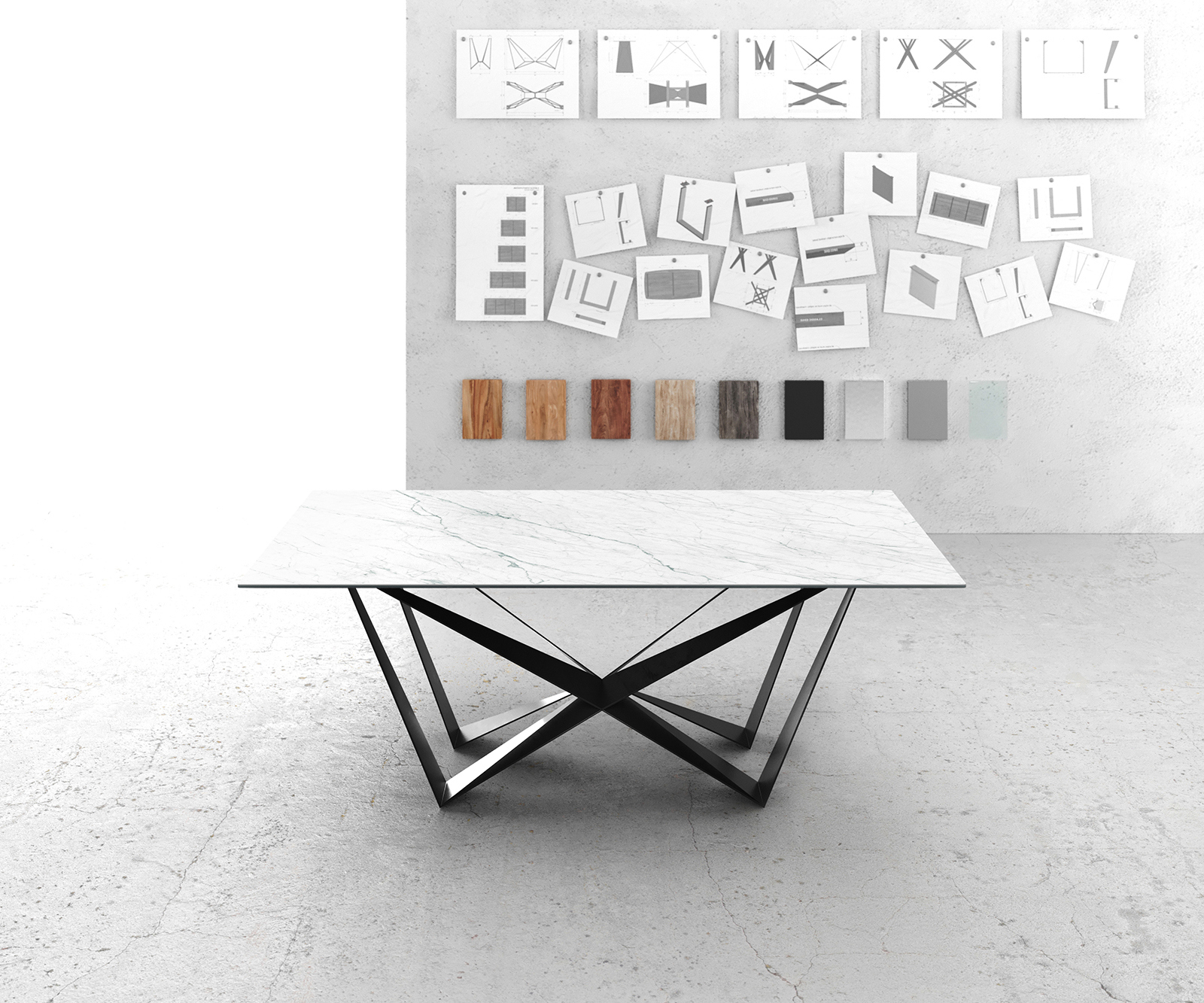 Jedálenský stôl Edge 200x100 cm keramika Laminam® Statuarietto biela stredová podstava plochá oceľ čierna - Image 2