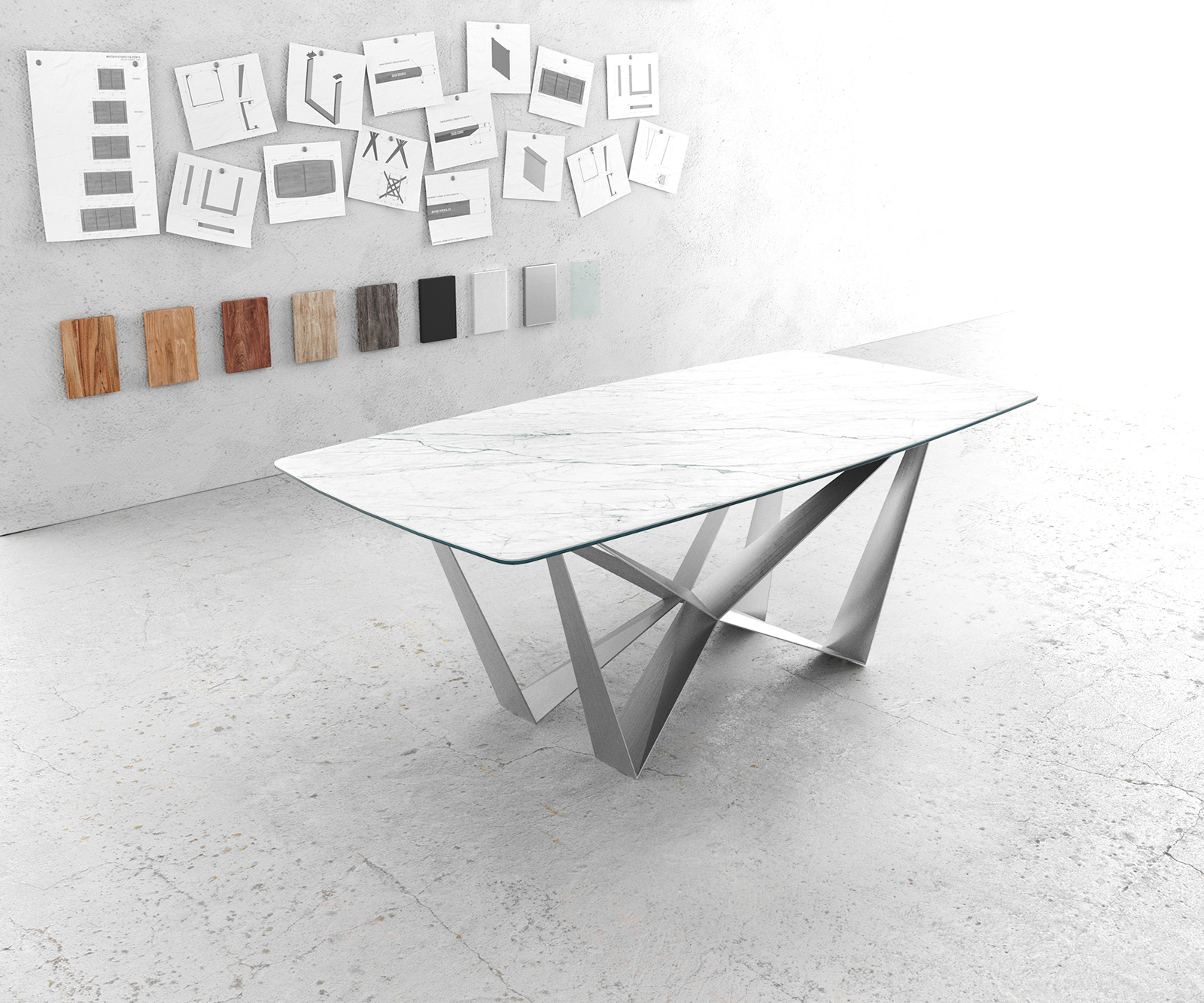 Jedálenský stôl Edge oválny tvar 200x100 cm Laminam® keramika biela Spider plochá nerezová oceľ