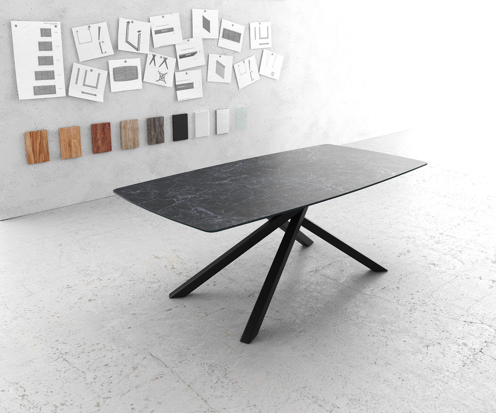 Jedálenský stôl Edge oválny tvar 200x100 cm Laminam® keramika Nero Greco antracitová stredová podstava krížová čierna