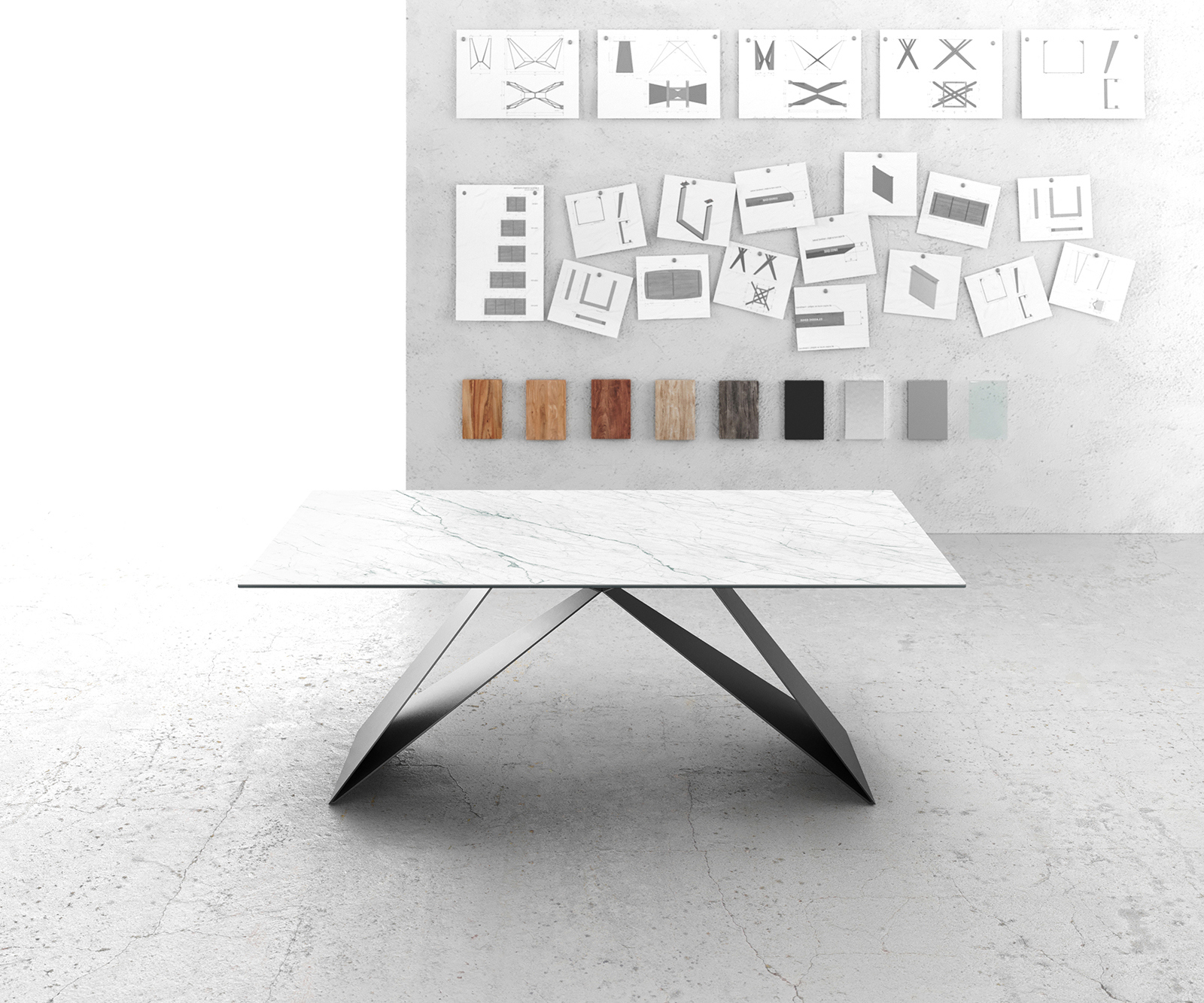 Jedálenský stôl Edge 200x100 cm keramika Laminam® Statuarietto biela podstava v tvare V čierna - Image 2