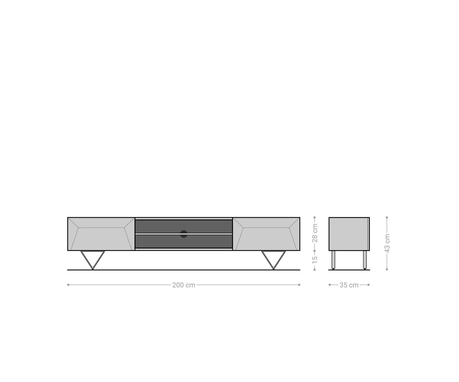 TV stolík Kayu 200 cm akácia prírodná 2 dvierka podstava v tvare V - Image 7