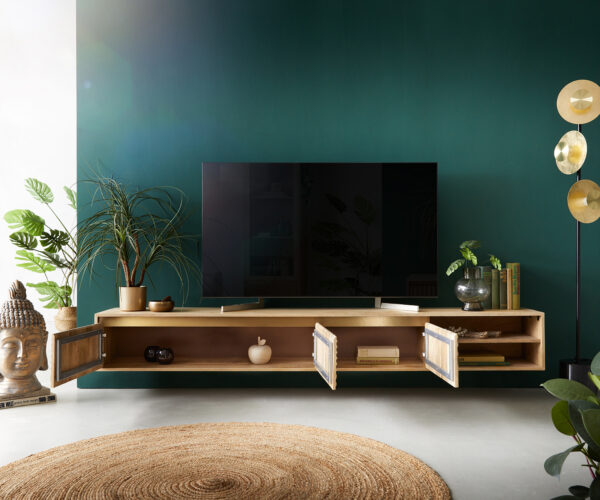 TV stolík Budaya 220 cm mango prírodná 3 dvierka závesný - Image 10