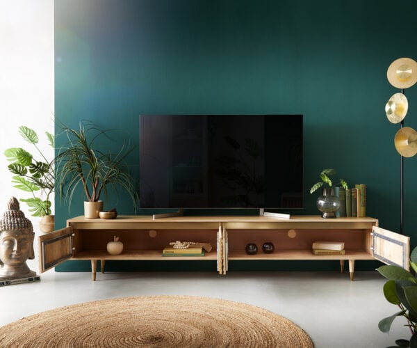 TV stolík Budaya 220 cm mango prírodná 4 dvierka podstava okrúhla - Image 9