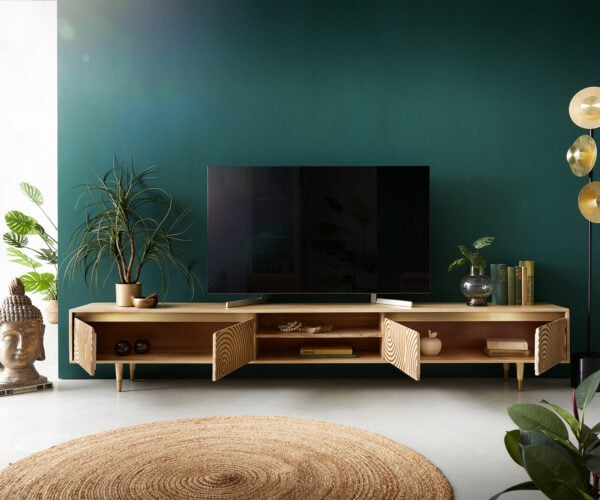 TV stolík Budaya 260 cm mango prírodná 4 dvierka podstava okrúhla - Image 9