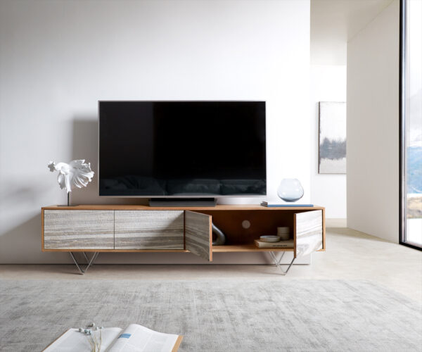 TV stolík Kleo 200 cm akácia prírodná 4 dvierka podstava v tvare V nerezová oceľ - Image 7