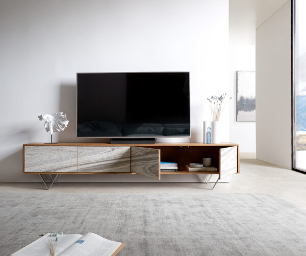 TV stolík Kleo 220 cm akácia prírodná 4 dvierka podstava v tvare V nerezová oceľ - Image 7