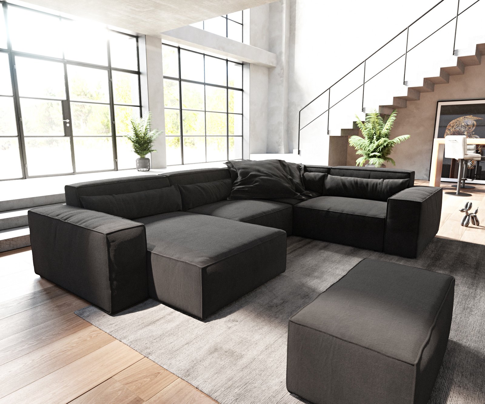 Pohovka v tvare "U" Sirpio 300x200 cm mikrovlákno čierna ležadlo variabilné s taburetom