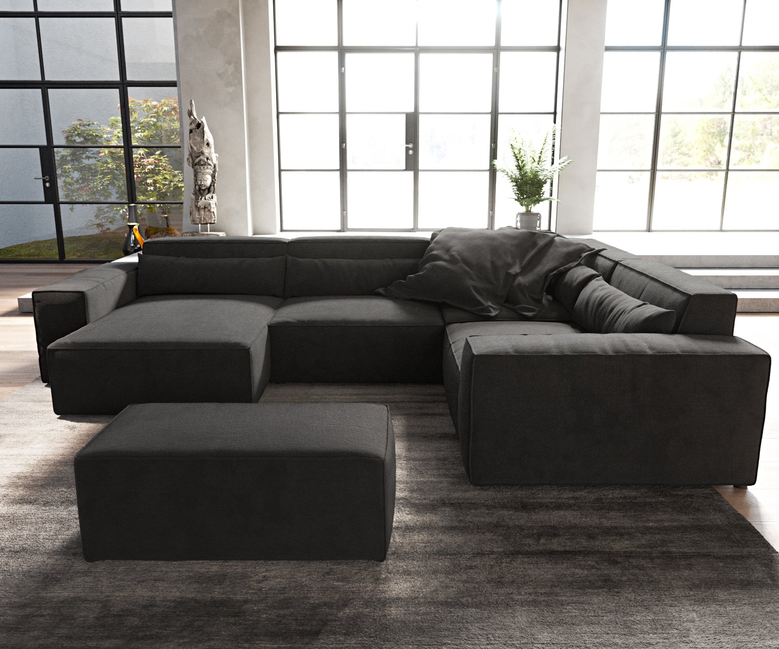 Pohovka v tvare "U" Sirpio 300x200 cm mikrovlákno čierna ležadlo variabilné s taburetom - Image 2