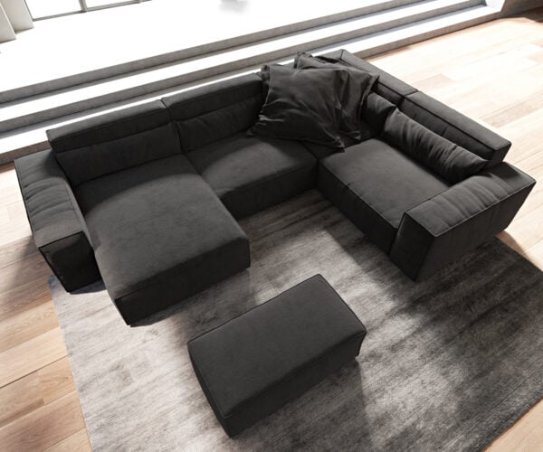 Pohovka v tvare "U" Sirpio 300x200 cm mikrovlákno čierna ležadlo variabilné s taburetom - Image 4
