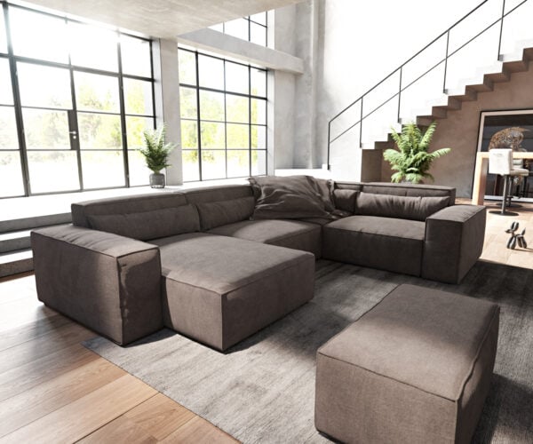 Pohovka v tvare U Sirpio 300x200 cm mikrovlákno khaki-hnedá variabilné ležadlo s taburetom