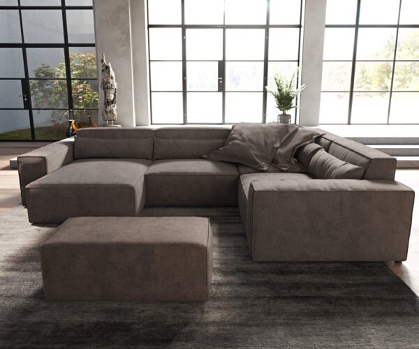 Pohovka v tvare U Sirpio 300x200 cm mikrovlákno khaki-hnedá variabilné ležadlo s taburetom - Image 2