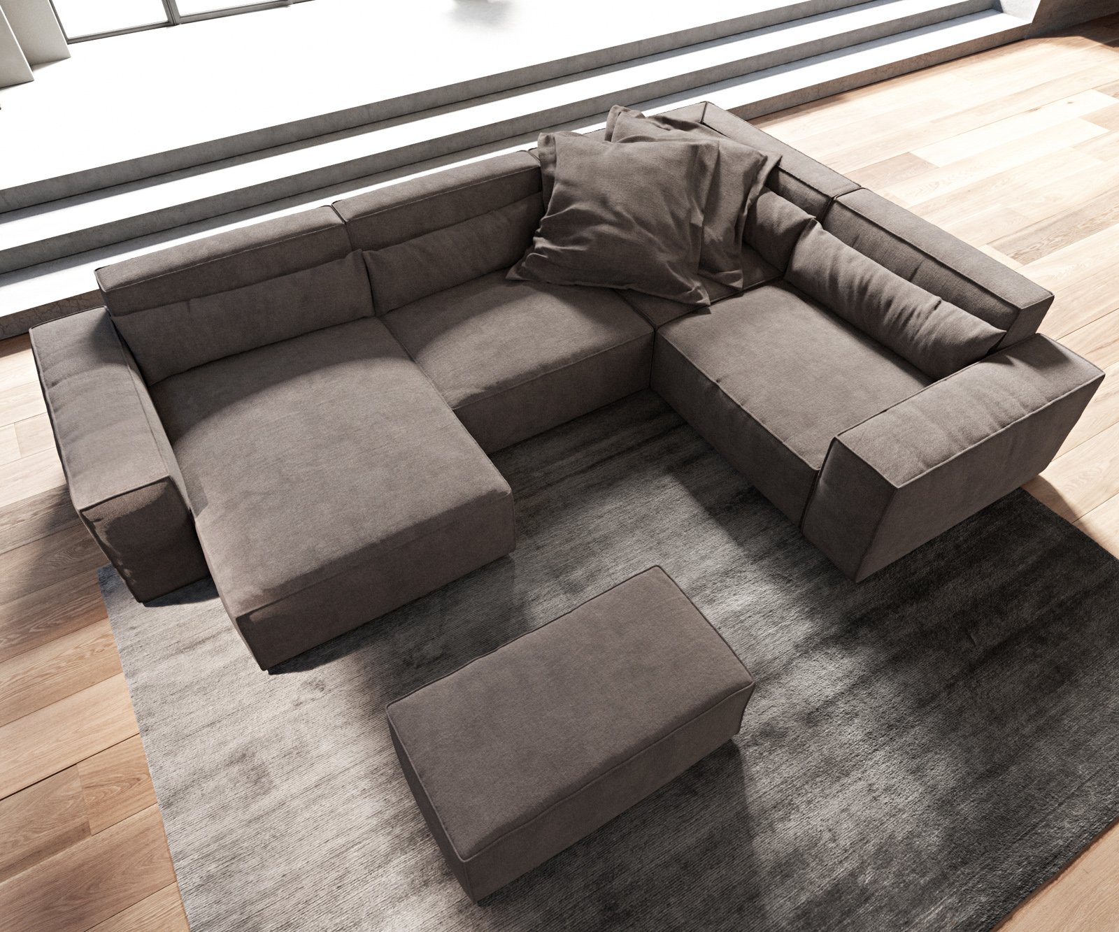 Pohovka v tvare U Sirpio 300x200 cm mikrovlákno khaki-hnedá variabilné ležadlo s taburetom - Image 4