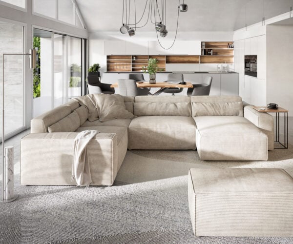 Pohovka v tvare U Sirpio 300x200 cm teddy látka béžová ležadlo variabilné s taburetom - Image 2