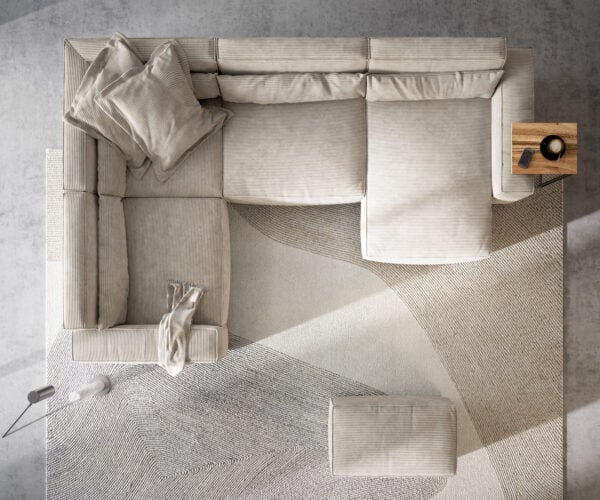 Pohovka v tvare U Sirpio 300x200 cm teddy látka béžová ležadlo variabilné s taburetom - Image 6
