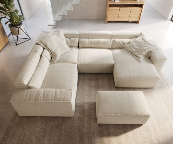 Pohovka v tvare "U" Sirpio 300x200 cm bouclé bielo-krémová ležadlo variabilné s taburetom - Image 4