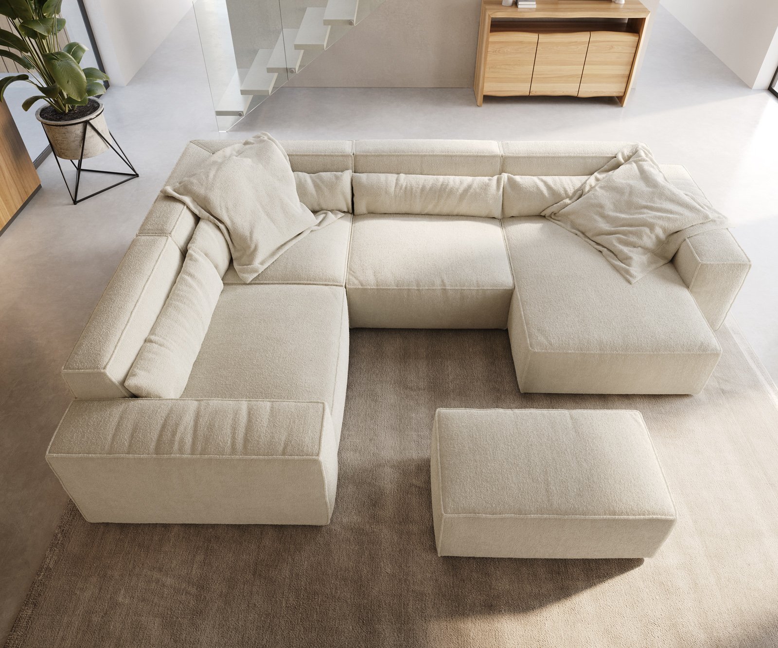 Pohovka v tvare "U" Sirpio 300x200 cm bouclé bielo-krémová ležadlo variabilné s taburetom - Image 4