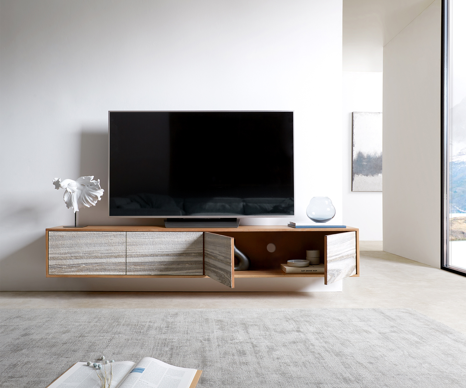 TV stolík Kleo 200 cm akácia prírodná 4 dvierka závesný - Image 6
