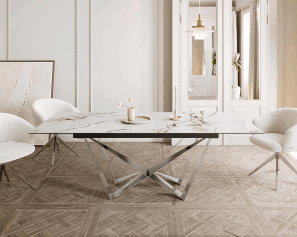 Jedálenský stôl Edge 180-220x100 keramika Calacatta Luxe bielo-zlato-šedá Spider plochá oceľ nerezová oceľ rozkladací - Image 2
