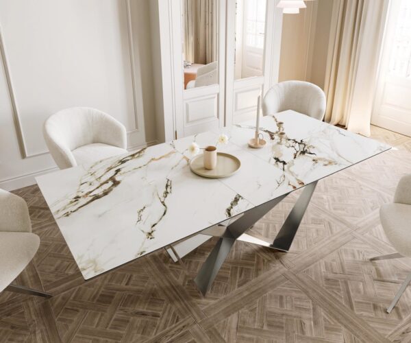 Jedálenský stôl Edge 180-220x100 keramika Calacatta Luxe bielo-zlato-šedá Spider plochá oceľ nerezová oceľ rozkladací - Image 5
