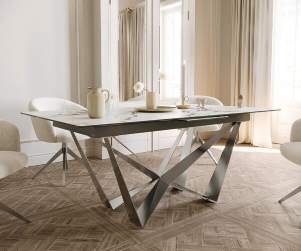 Jedálenský stôl Edge 180-220x100 keramika Calacatta Luxe bielo-zlato-šedá Spider plochá oceľ nerezová oceľ rozkladací - Image 6