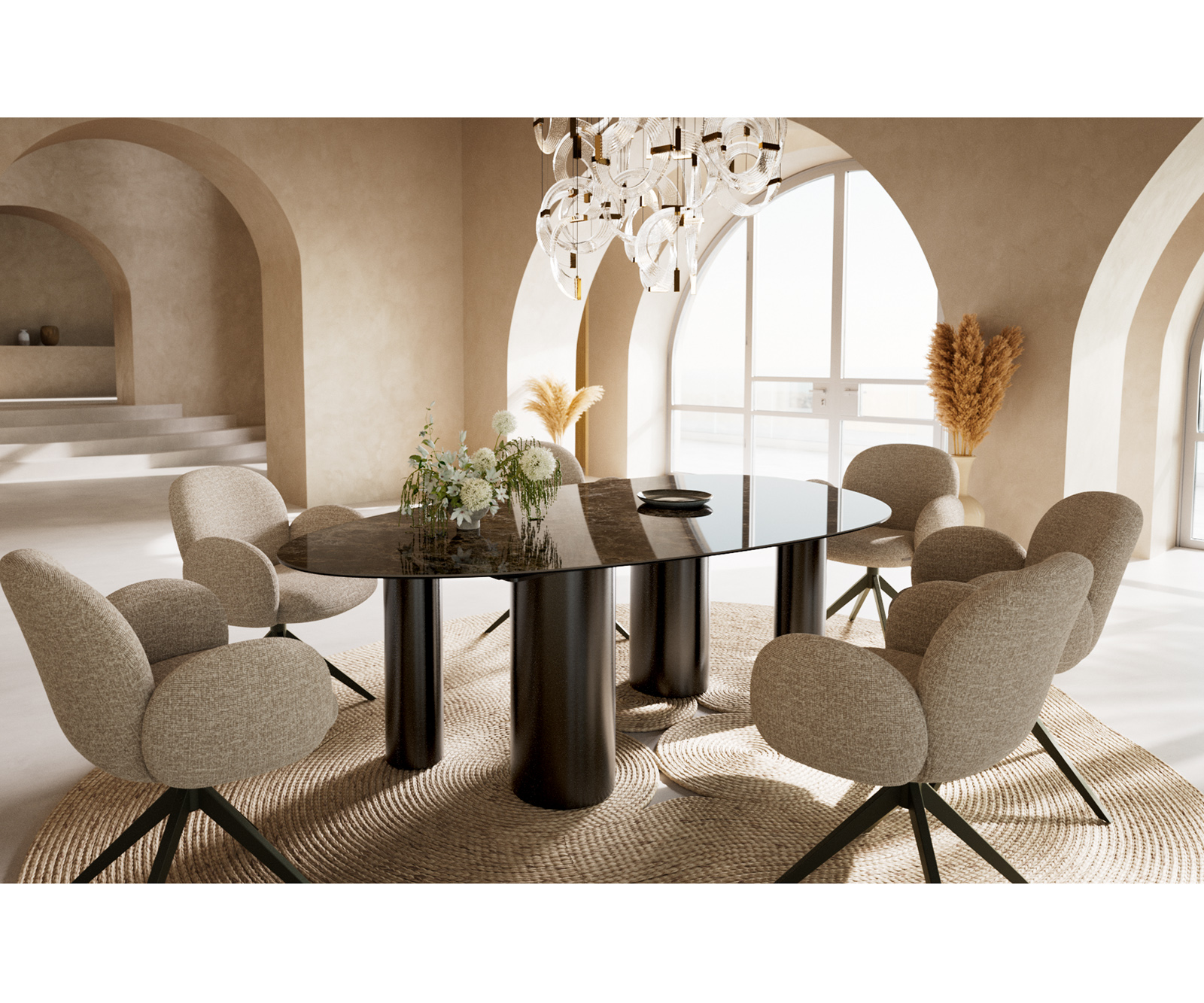 Jedálenský stôl Edge oválny 220x120 keramika Laminam® Emperador Extra Lucidato tmavohnedá pilier nerezová oceľ grafitová - Image 6