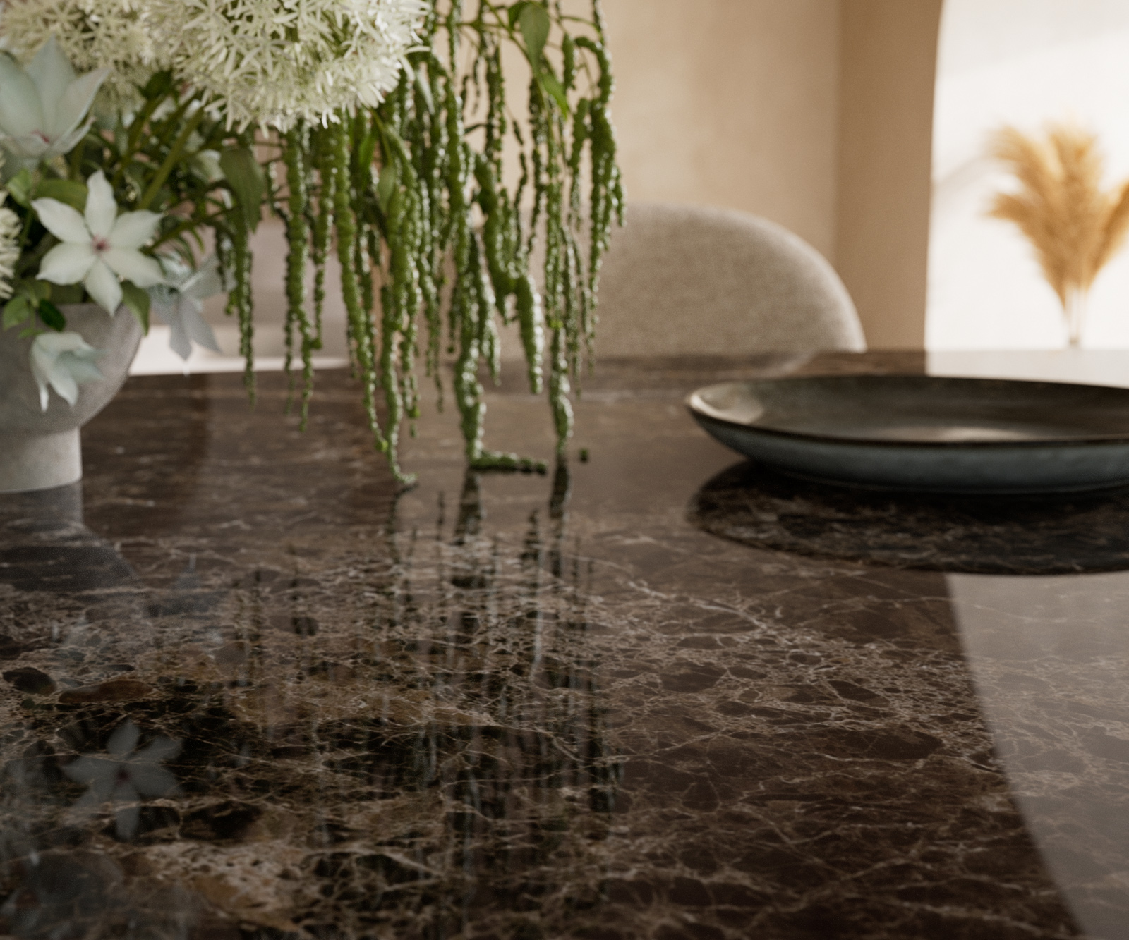 Jedálenský stôl Edge oválny 220x120 keramika Laminam® Emperador Extra Lucidato tmavohnedá pilier nerezová oceľ grafitová - Image 7